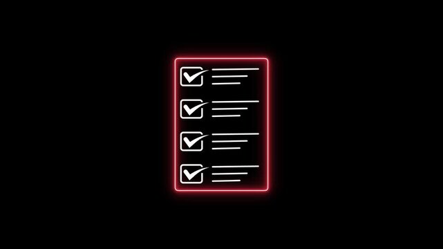 Glowing red neon, Completing tick mark document animation on black screen. Productivity & Compliance Concept.with alpha chanel 4k video