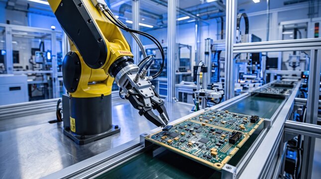 Industrial robotic arm assembling electronic circuit boards on automated production line, smart factory manufacturing process, artificial intelligence and robotics engineering