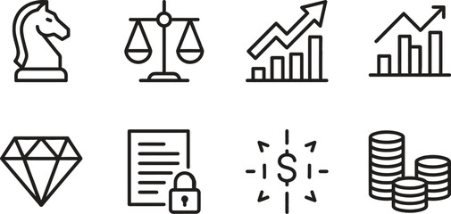 Naklejka premium Icons set of finance, business, strategy, growth, and investment symbols in minimalist line art style