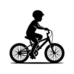 Fototapeta premium Minimalist silhouette of a young boy riding a bicycle, child cyclist wearing a safety helmet, black and white vector of a kid on a bike isolated on White Background silhouette