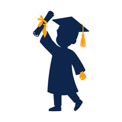 Graduation child silhouette wearing academic cap and gown, little boy graduate holding diploma scroll, preschool or kindergarten student vector isolated on White Background silhouette