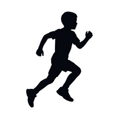 Running boy silhouette vector, active child sprinting in side profile, young male athlete jogging, black shadow of a kid in motion isolated on White Background silhouette