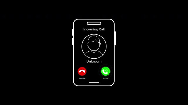 Scammers display incoming calls. Suitable for digital and technologyrelated designs, this simple line art icon depicts an incoming call on a white phone screen.