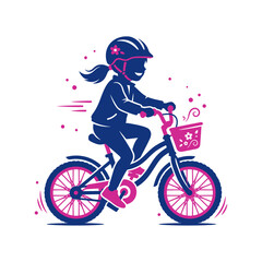 Fototapeta premium Active girl riding bicycle with helmet and basket, flat vector illustration of child cycling, pink and navy blue sports graphic for kids isolated on White Background silhouette