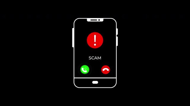 Scammers display incoming calls with red exclamation mark warning of scam call. Suitable for cybersecurity alerts, phone scam articles, fraud prevention materials.
