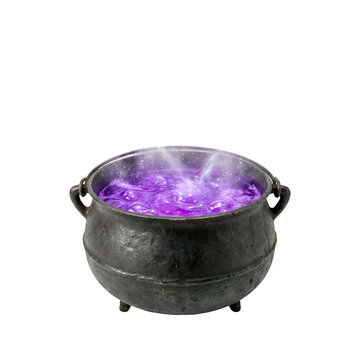 Witch Cauldron with Bubbling Purple Magic Potion on Black Background