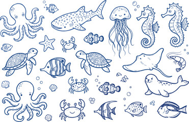 Obraz premium Underwater ocean animal doodle icon set with adorable marine creatures hand drawn sea turtles seals starfish and coral reef inhabitants graphic vectors