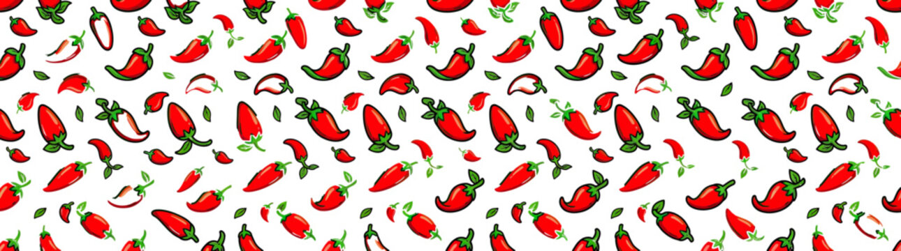 Hand-drawn red chili pepper pattern on white background