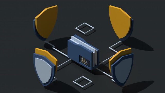 3D isometric folder with shield animation. Data protection. Folder security. Safe documents and folder. Isometric technology. 4K video animated in isometric style