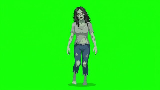Walking female zombie. Undead monster on a green screen background, chroma key.