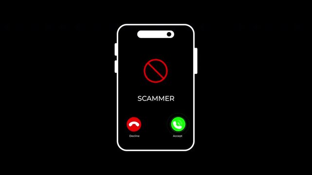 Scammers display incoming calls outline shows incoming call screen with red decline and green accept buttons, tagged as a scammer. Suitable for tech concepts.