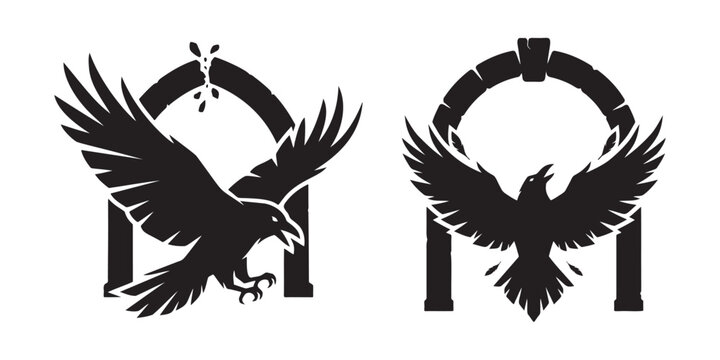 Two black raven bird silhouettes flying in front of stone archway gate vector icons Vector