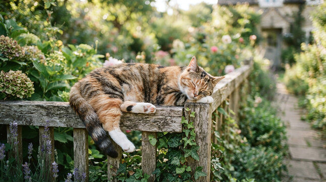 Tabby Cat Lying on Rustic Wooden Fence in Lush English Countryside Garden