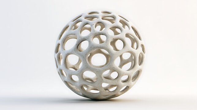 Abstract porous white sphere isolated on white background. This organic structural 3D render represents modern design.
