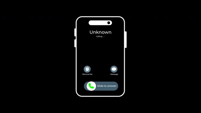 Scammers display incoming calls. Suitable for phone app designs or technology websites, this graphic shows a green slidetounlock feature for unknown caller notifications.