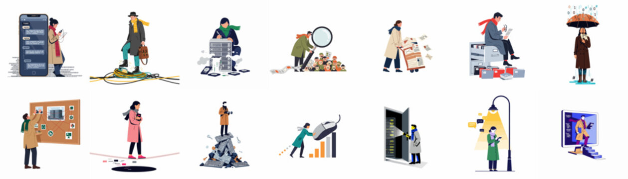 Conceptual illustrations of people dealing with digital technology, big data, cybersecurity, and information overload in a flat design style.