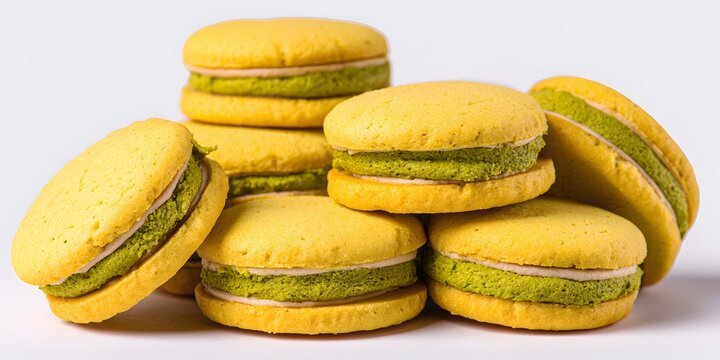 A stack of colorful yellow macarons with green and white fillings arranged on a plain background