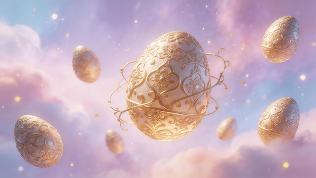 Ornate golden eggs floating in sky