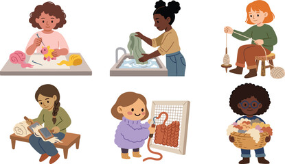 Diverse Girls Textile Craft Icon Set Featuring Needle Felting, Wool Washing, Yarn Spinning, Rug Hooking, Punch Needle Art, and Raw Fiber Basket Vector Illustration © MinnatunAkter