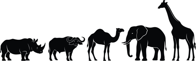 Wild african safari animals silhouette set including rhinoceros, buffalo, camel, elephant, and giraffe standing figures isolated on white background. © Jannatun