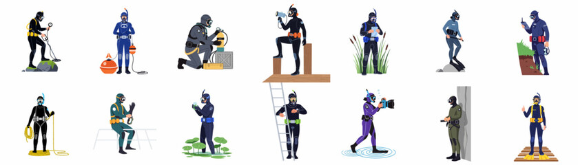 Set of professional scuba divers in various roles including police, rescue, and underwater photography, wearing specialized wetsuits and equipment in flat illustration style. © Juan