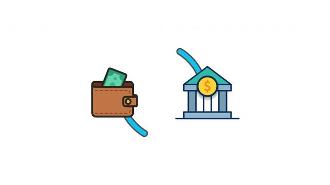Bank transfer icon animation showing money moving from wallet to bank, seamless looping icon for financial transactions and digital banking visuals