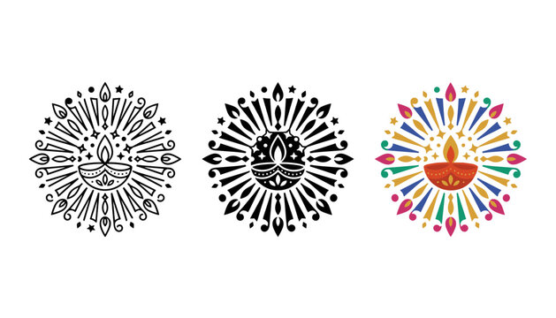 Set of three decorative snowflake and heart icons in a simple design style