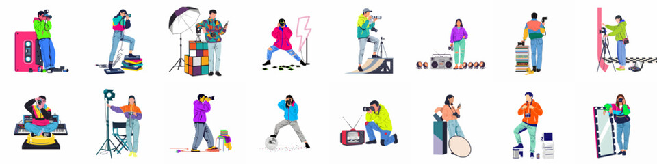 Set of retro-style illustrations featuring photographers and creators in vibrant 80s and 90s fashion with vintage gear, cameras, and studio equipment. © Isabella