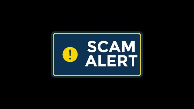 Blue rectangular warning sign with bold white text and a yellow exclamation mark for scam alerts. Suitable for financial or cybersecurity concept designs.