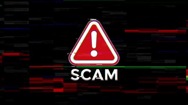 Red triangular alert warning symbol with glitch digital art design and white text suitable for scam graphic designs or presentations.