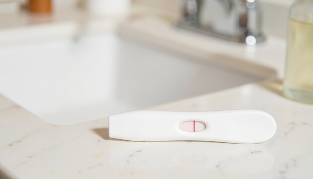 Pregnancy test lying on bathroom countertop beside a sink