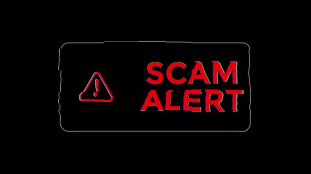 Red scam alert digital icon perfect for warning notifications, website banners, cybersecurity graphics, phishing email alerts. Glitch effect adds urgency.
