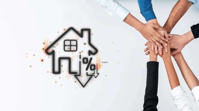 Collaborative Teamwork and Partnership in Real Estate Market with House Icon and Financial Indicators Representing Decrease in Property Values Sigmoid