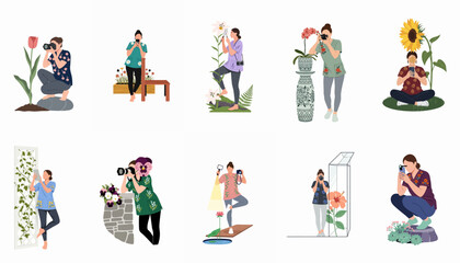 Fototapeta premium Flat vector illustrations of women photographers capturing macro shots and portraits of various flowers in gardens and studio settings.