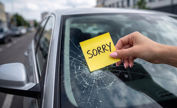 Close-up of an human hand placing a bright yellow sticky note on a cracked car windshield, the sticky note clearly displaying the handwritten word SORRY in bold black marker