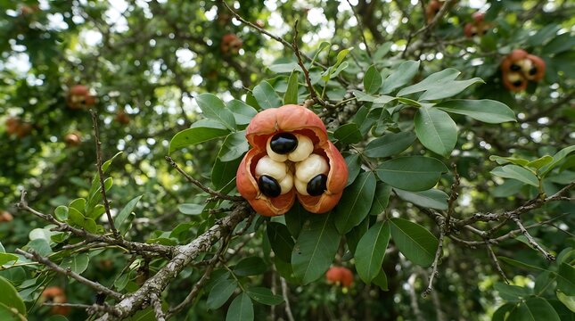 Jamaican Ackee Fruit Ripening on Tree Branch in Tropical Rainforest Setting, Exotic Produce Concept