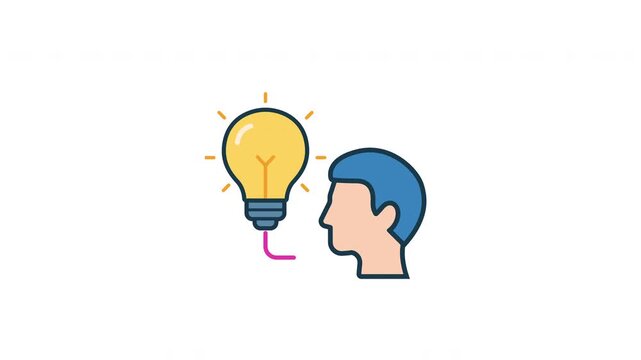 Idea icon animation with light bulb and human head, seamless looping icon for creativity, innovation, thinking process, and brainstorming visuals