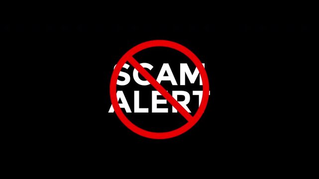 Bold white text warning of scam behind red prohibition symbol on dark background. Suitable for antifraud campaigns, web design, presentations.