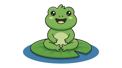 Fototapeta premium Happy Frog on Lily Pad: A charming cartoon illustration of a green frog with big, friendly eyes and a wide smile, sitting cross-legged on a vibrant green lily pad.