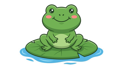 Fototapeta premium Cartoon Frog on Lily Pad: A charming cartoon frog with big eyes and a cheerful smile sits serenely on a large, green lily pad floating in blue water.