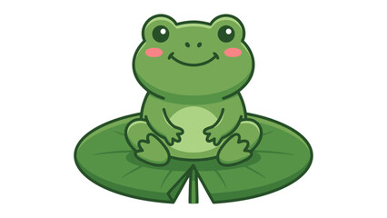 Fototapeta premium Cute Frog Illustration: A charming cartoon frog with rosy cheeks and a wide smile sits on a vibrant green lily pad, radiating happiness and innocence.