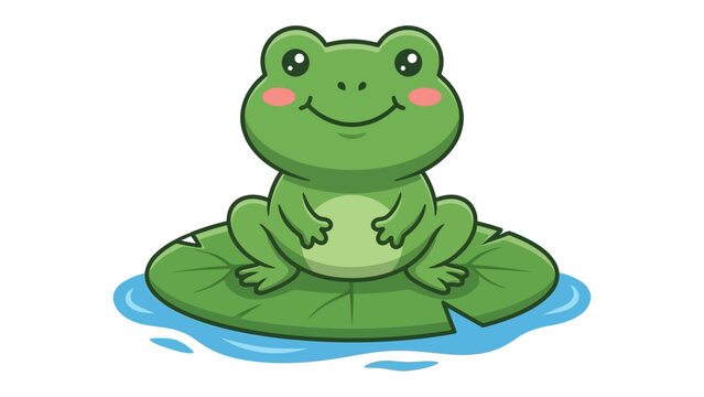 Cartoon Frog on Lily Pad: A charming cartoon frog with big eyes and a cheerful smile sits serenely on a large, green lily pad floating in blue water.