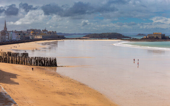 Panoramic View of Low Tide Beach and Coastal Fortifications in Saint Malo France