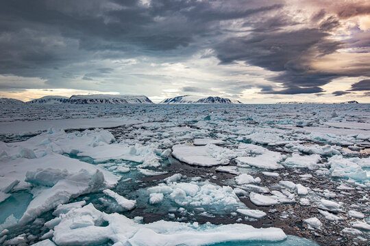 Floating icebergs in arctic ocean under cloudy sky near svalbard archipelago with landscape, wilderness