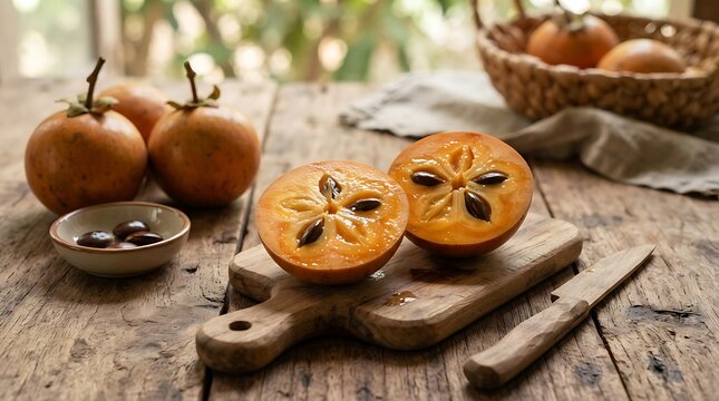 Fresh Star Apple Fruit Halved Showing Seeds on Rustic Wooden Board with Knife and Basket of Fruit, Tropical Healthy Food Concept