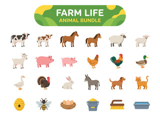 Obraz premium Vector Illustration of Farm Life Animal Bundle Icons Set with Cow Horse Pig and Sheep on White Background