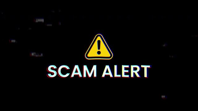 Glitchy yellow triangle alert symbol for scam warning with text on black background. Suitable for digital security and fraud prevention.