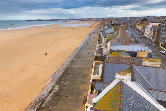 Aerial View of Sandy Beach and Seaside Promenade in Saint Malo Brittany France