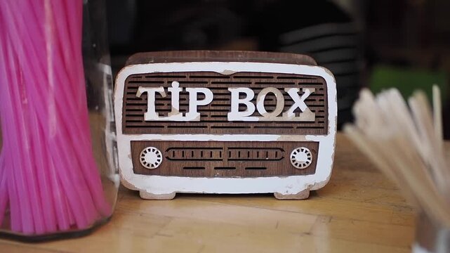Tip box at a cafe inside a busy street