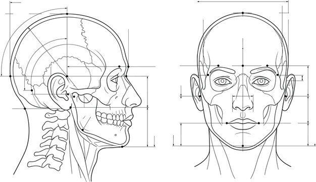 Anatomical vector line illustration of human head facial proportions with measurement lines in front and side profile views